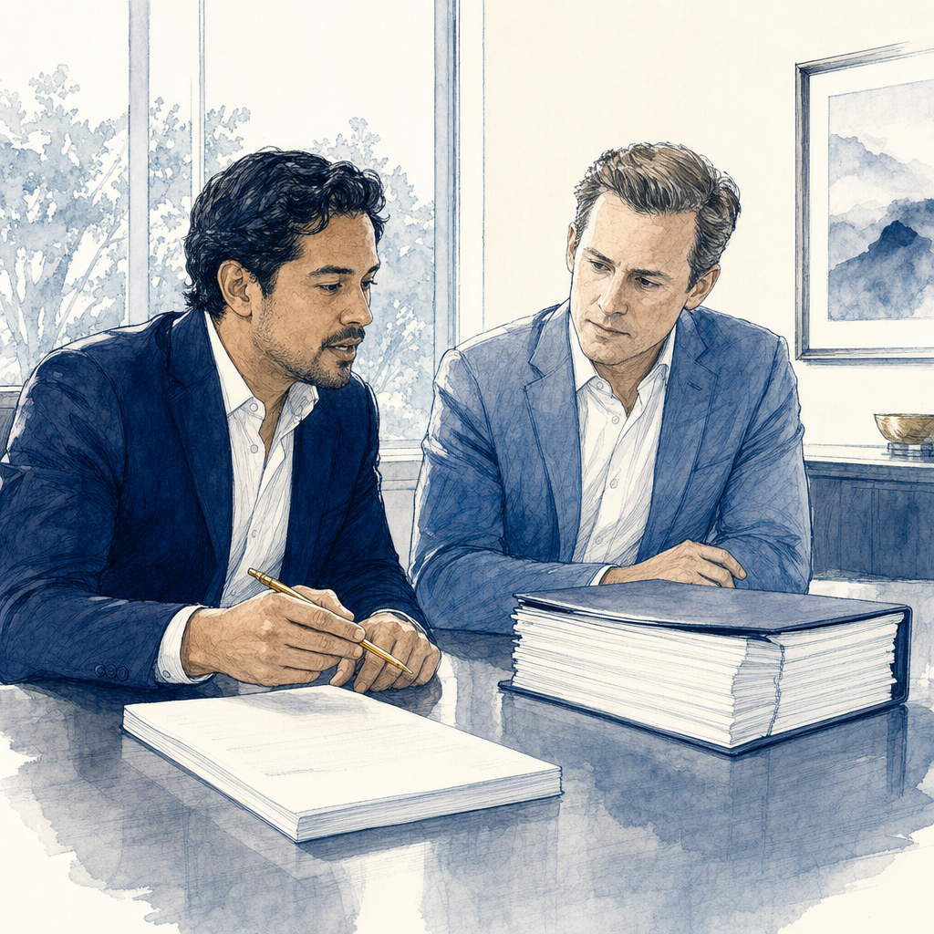 Hand-drawn private equity valuation comparison between off-market and brokered deal multiples