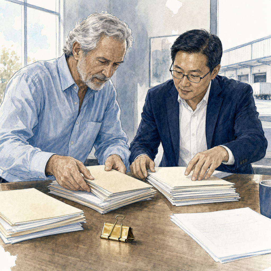 Hand-drawn data room with financial statements, contracts, customer records, and diligence folders