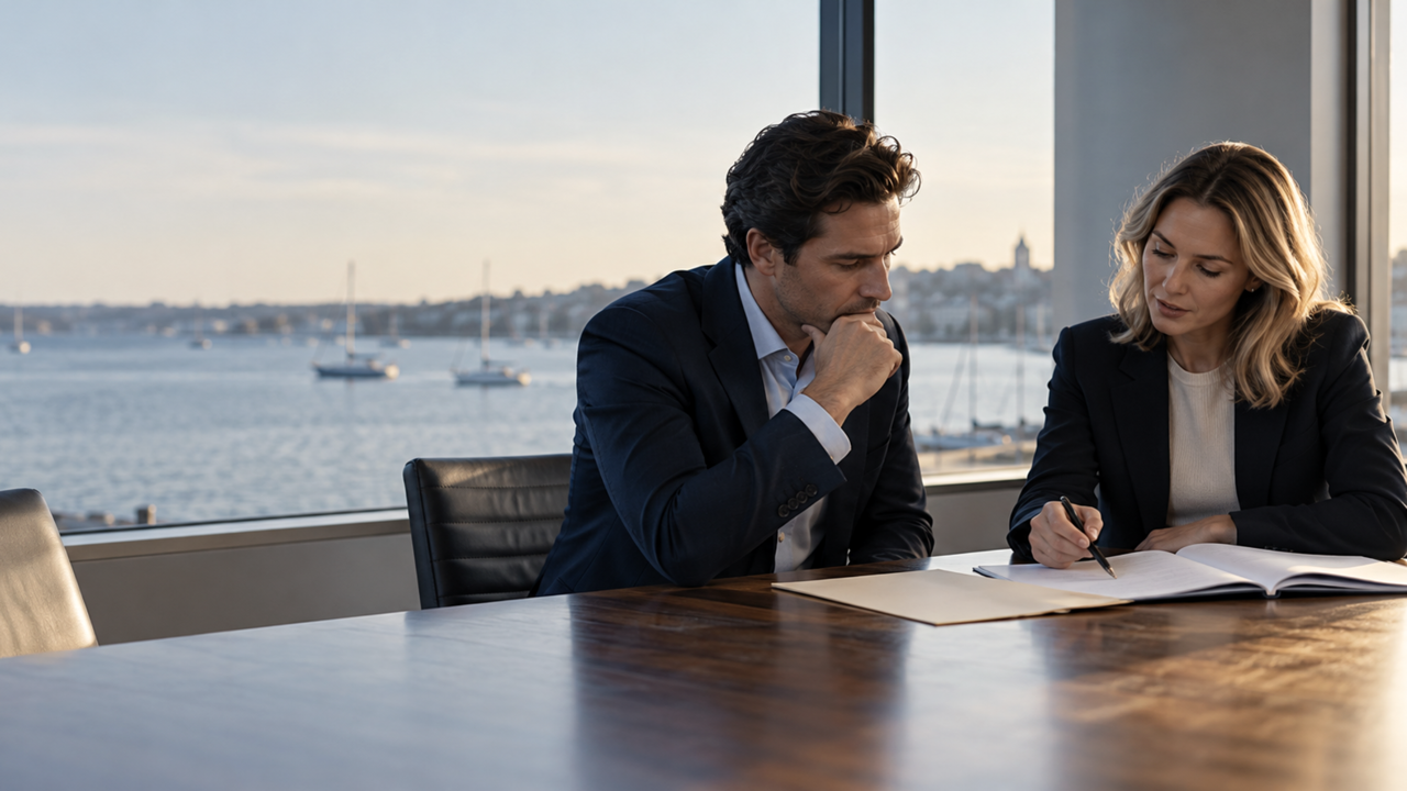 A private equity deal team reviews a company summary and financial pages at a conference table.