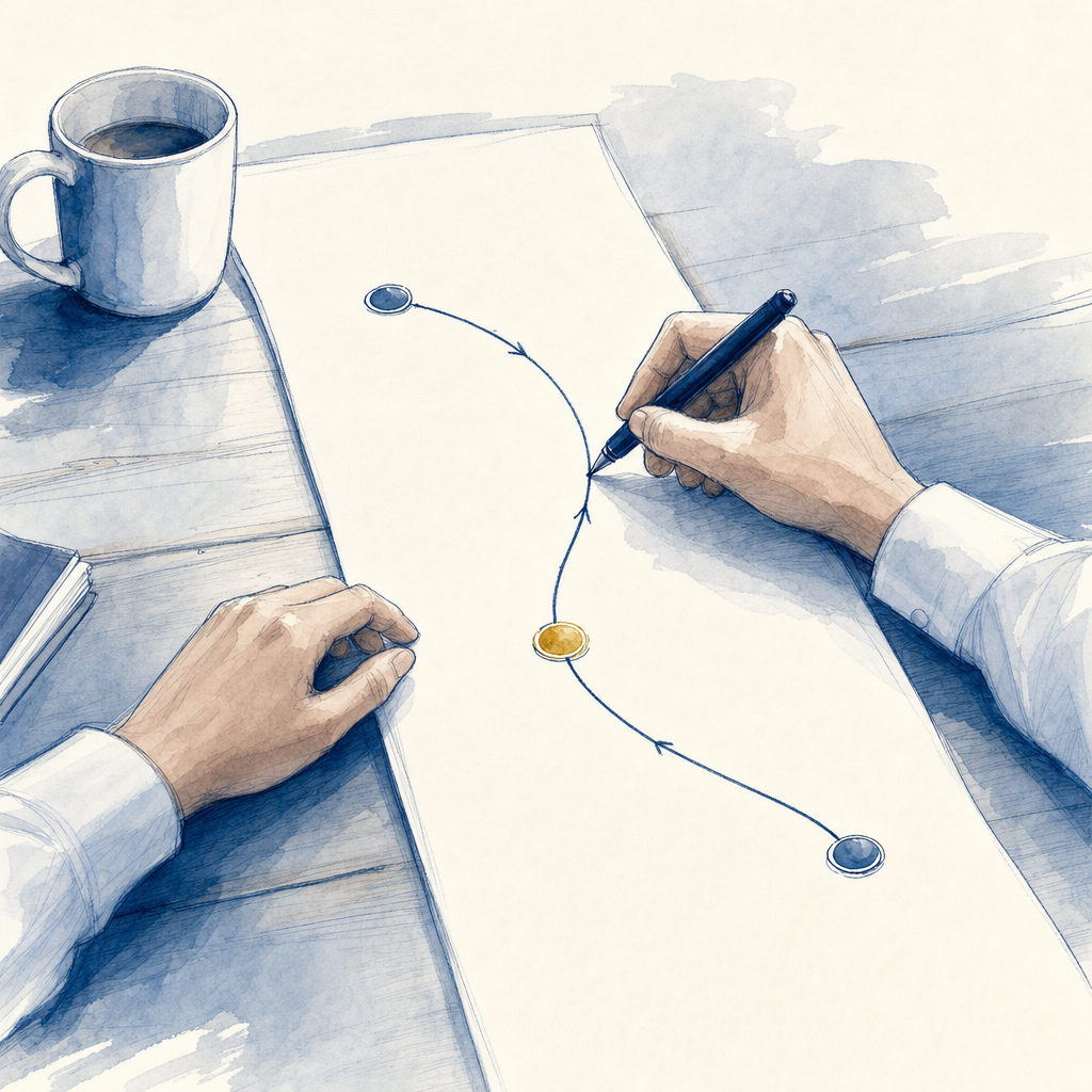 Hand-drawn M&A timeline from first call through LOI, diligence, and closing