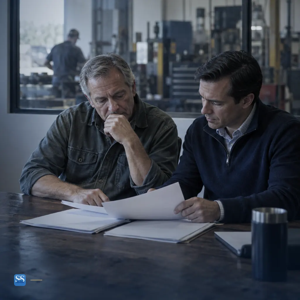 A business owner and prospective buyer review work records at a table in an operating business