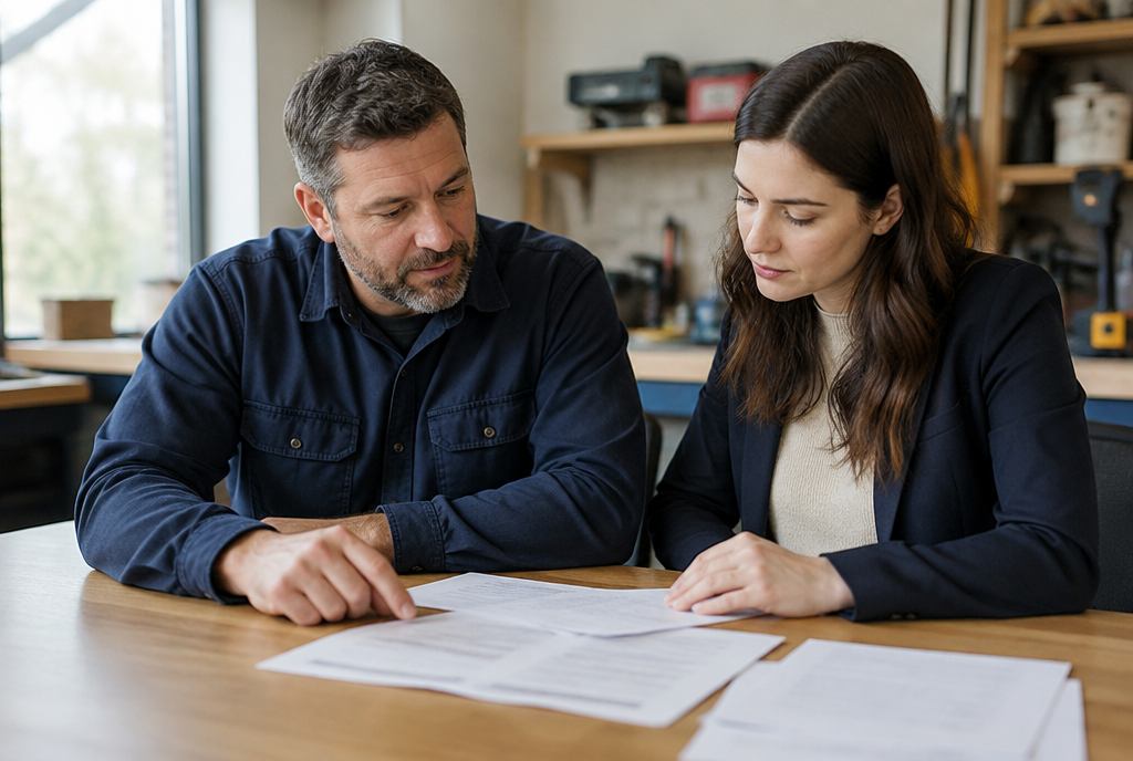 A business owner and prospective buyer review sales records at a work table
