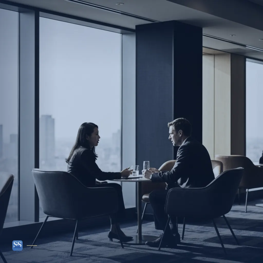 A private equity buyer reviews a deal brief with a broker across a conference table
