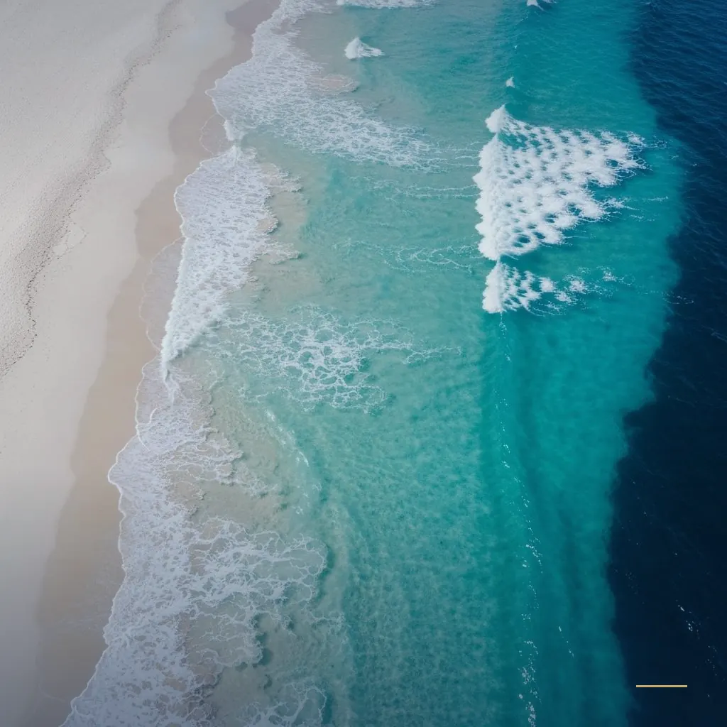 Overhead view of ocean surf beside a shoreline with a restrained navy tint and a small gold line