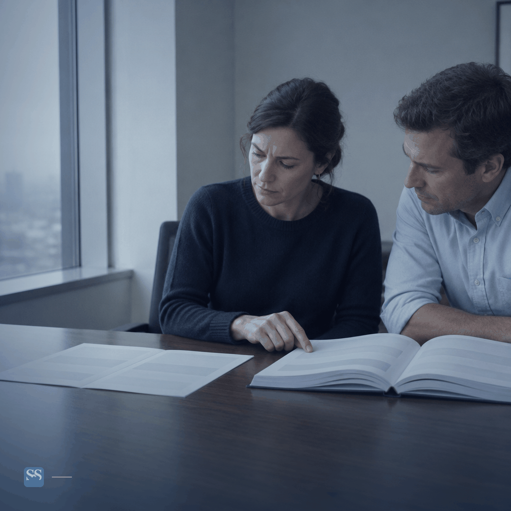 Two investment professionals compare a short deal teaser with a thicker confidential information memorandum at a conference table.