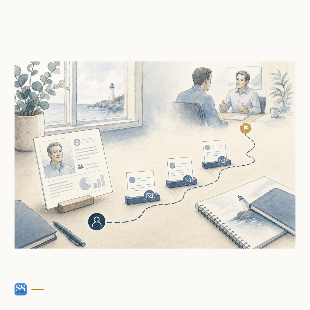 SilverShore hand-drawn illustration of an investor and business owner meeting, with a path for future contact