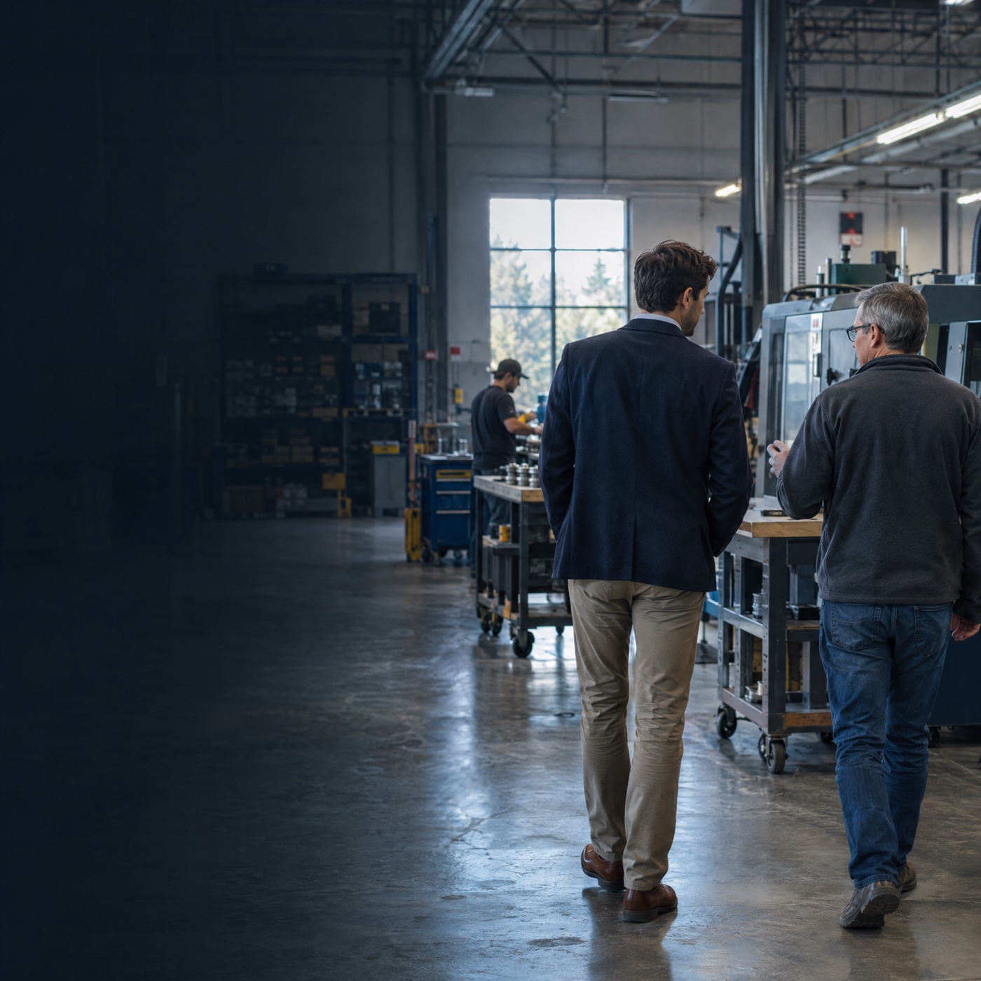 A buyer and site leader walk past equipment on a small manufacturing floor.