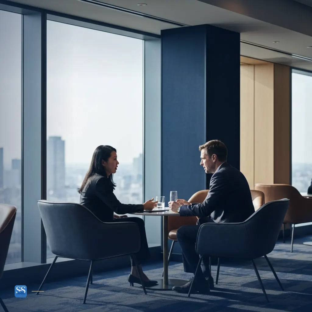 Two investment professionals discussing a deal at a meeting table by city-view windows