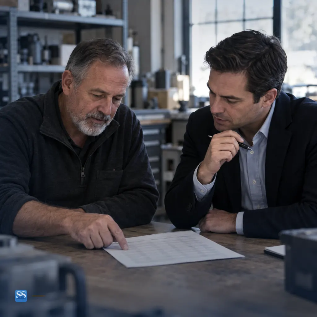 A business owner and prospective buyer review a printed customer ledger at an operating company