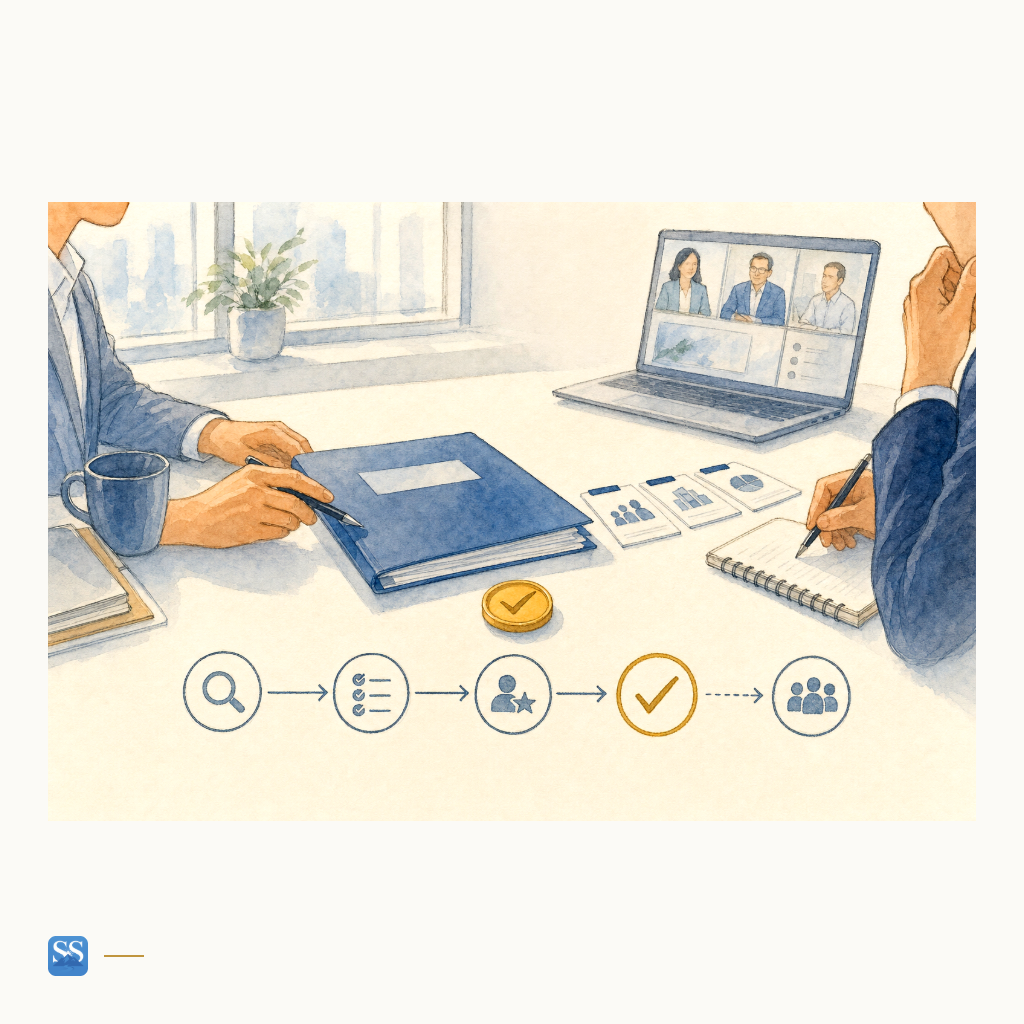 SilverShore hand-drawn illustration of an investor reviewing customer contracts and financial records