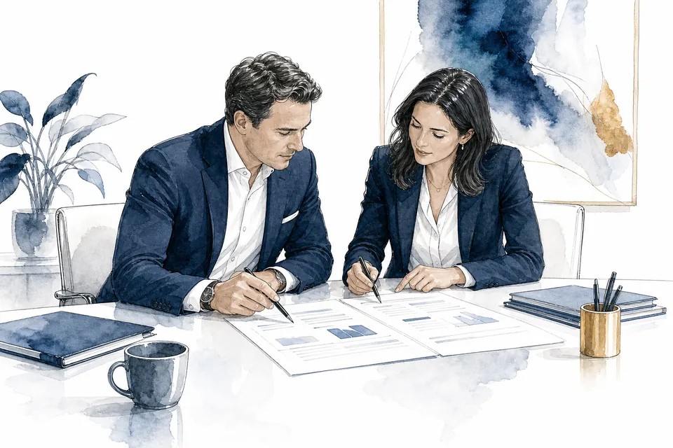 Hand-drawn illustration of a buyer reviewing financial evidence before a proposal