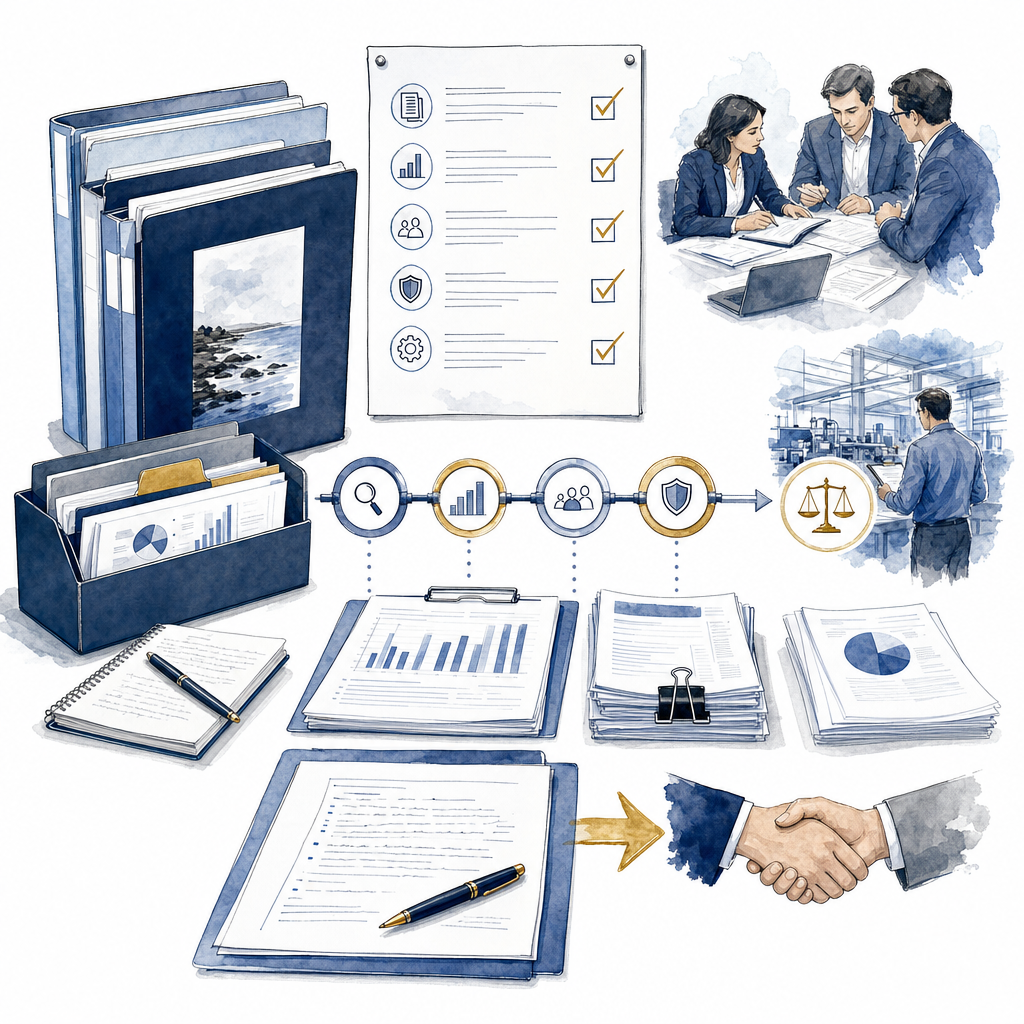 Hand-drawn diligence board with files and decision gates