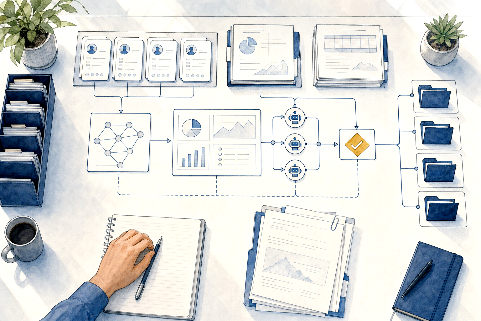 Hand-drawn investor AI operating layer with source files and approval gates