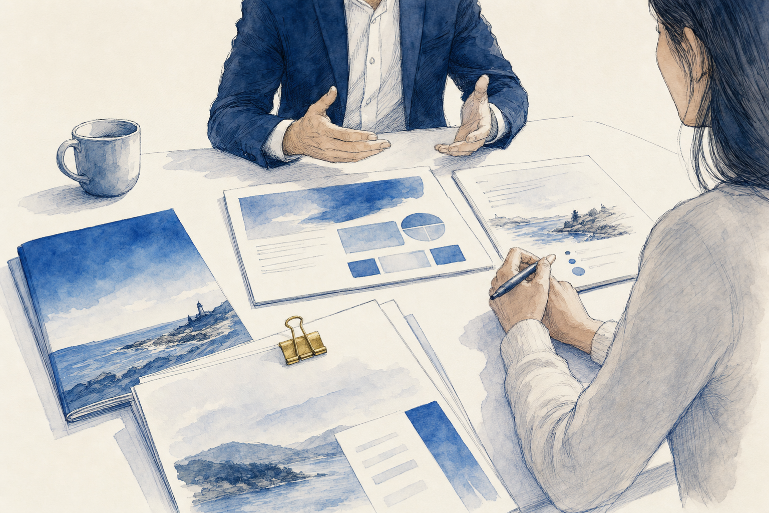 Hand-drawn financial analysis memo and meeting pack